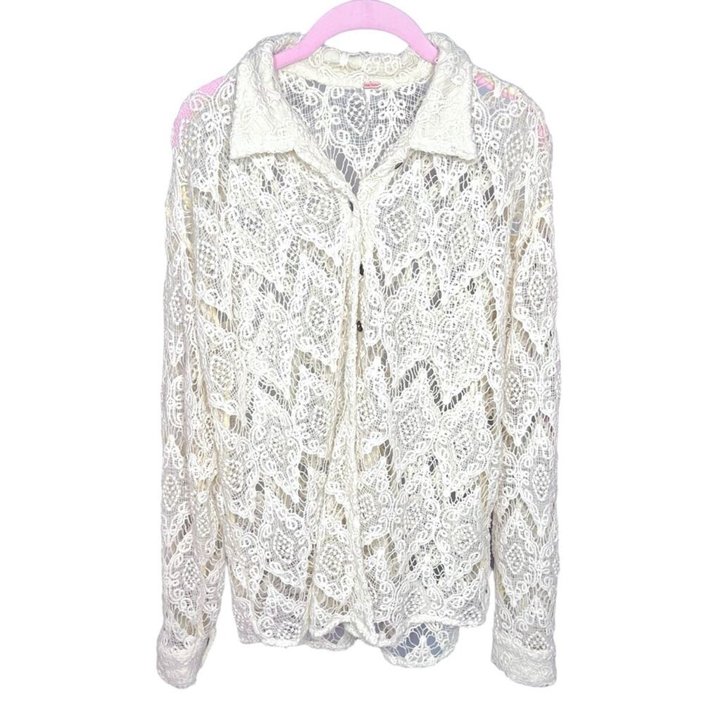Free People Until Sundown Lace Button Down Shirt Neutral Size Medium